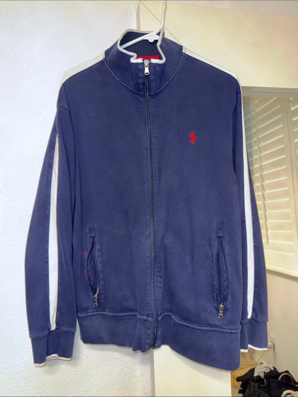 Polo by Ralph Lauren Navy Zip-Up Track Jacket with White Stripes and Red Pony